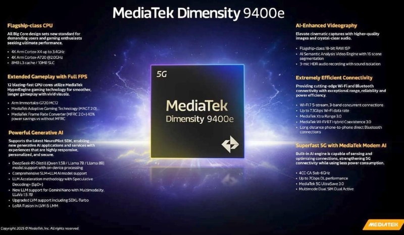 MediaTek представила платформу Dimensity 9400e для доступных флагманов — она очень похожа на Dimensity 9300+