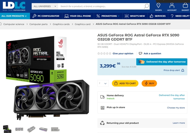 Одна из самых дорогих RTX 5090: Asus оценила GeForce RTX 5090 ROG Astral OC BTF с разъёмом GC-HPWR в €3084
