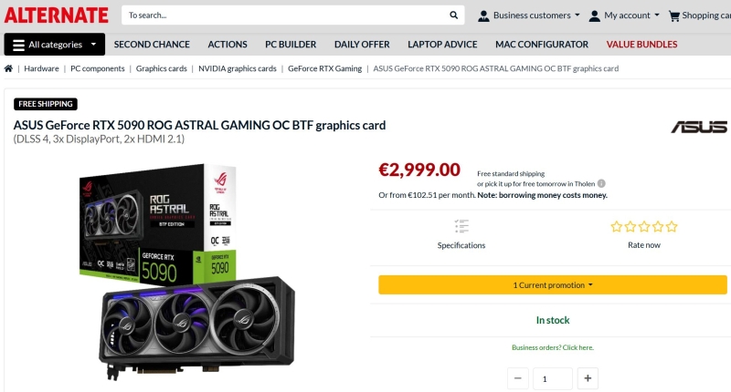 Одна из самых дорогих RTX 5090: Asus оценила GeForce RTX 5090 ROG Astral OC BTF с разъёмом GC-HPWR в €3084