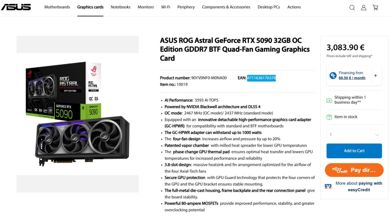 Одна из самых дорогих RTX 5090: Asus оценила GeForce RTX 5090 ROG Astral OC BTF с разъёмом GC-HPWR в €3084